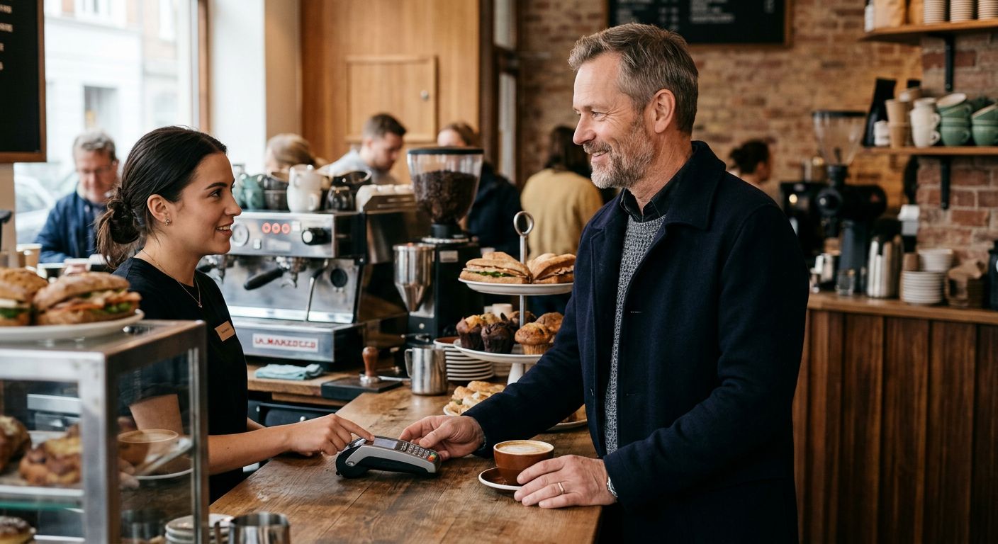 En mand står ved en café og skla til at betale for hans kaffe, fordi han forstår sig på sine ETF'er og aktier.