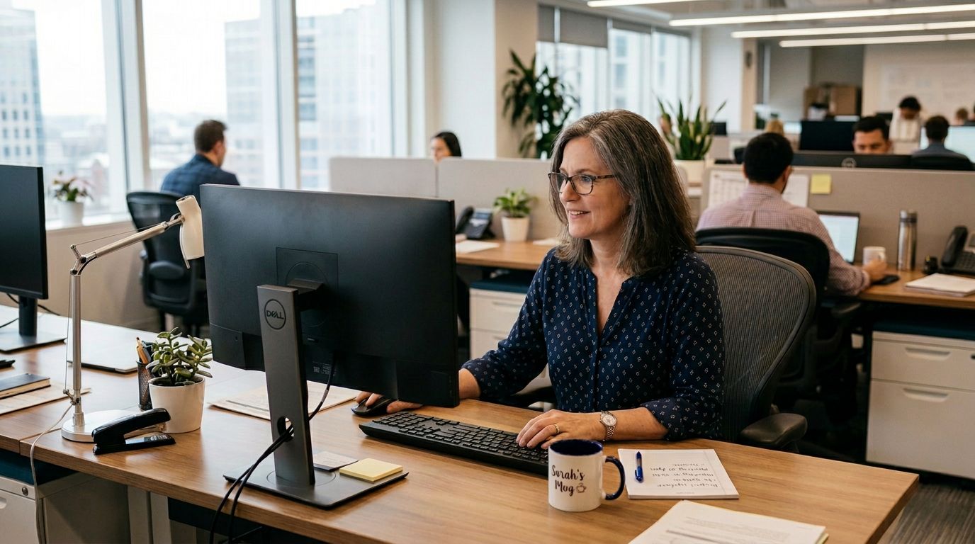 En kvinde med diversificerede aktiespredning sidder på sit kontor