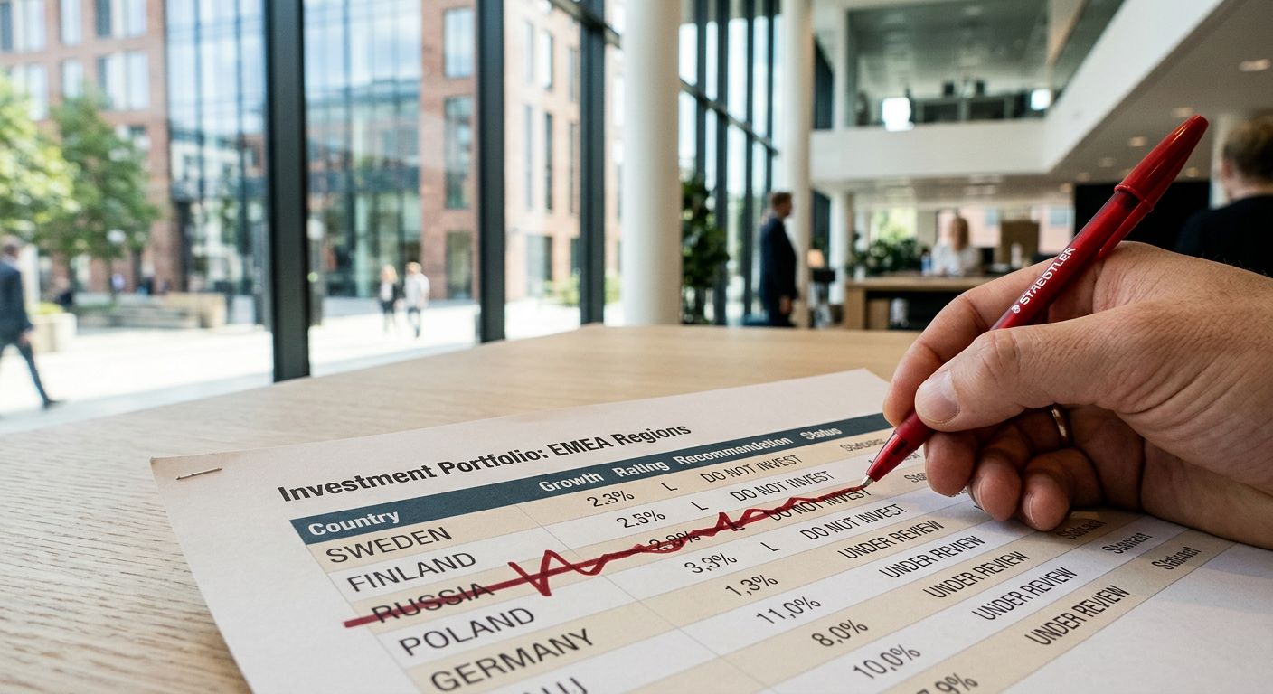 Hvordan undgår man Rusland i sin ETF, en hånd streger "Rusland" ud på en financielt papir for at understrege, at landet ikke skal være i aktieportfolio